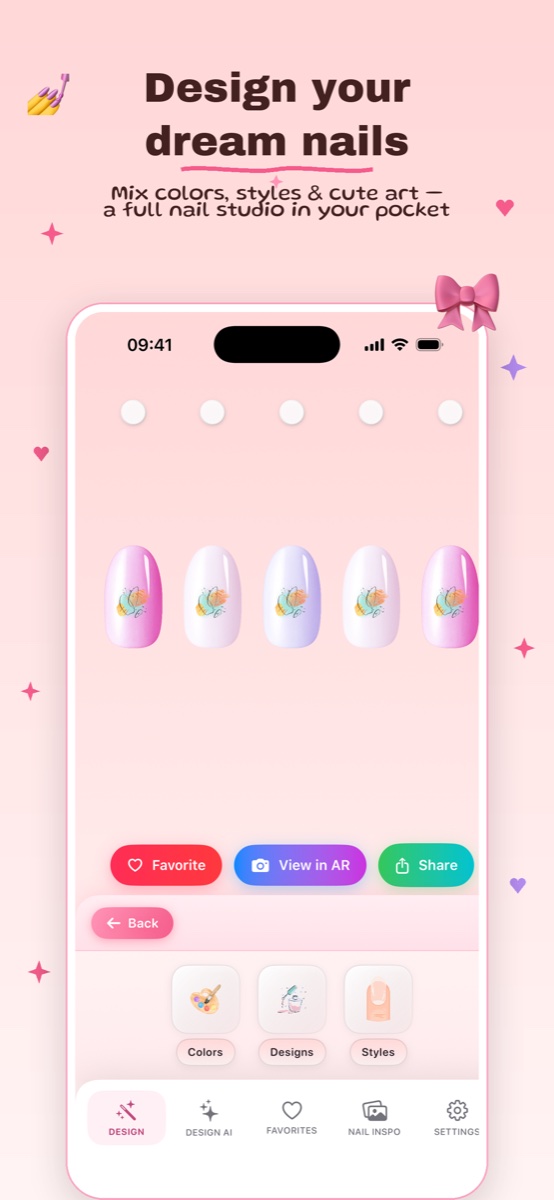 NailUP nail studio screen: five almond nails with pastel butterfly nail art, colors, designs and styles tools